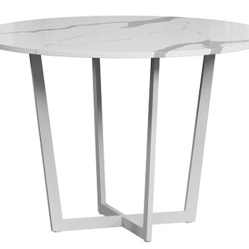 Кухонный стол из камня Стол обеденный Годмар Раунд Мрамор Сноу с белым основанием   1627049